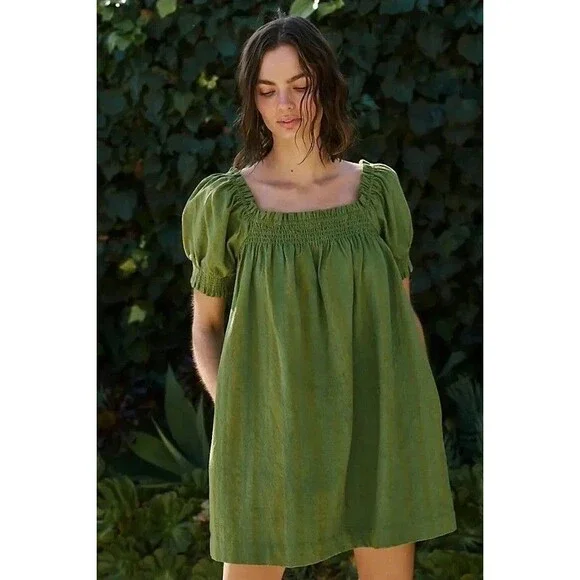 Free People Est Mila Mini Dress Smocked Puff Sleeve Shift Grasshopper L 285433 - Picture 3 of 8